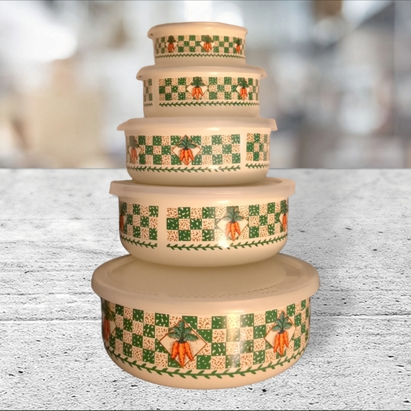 Tabletops unlimited  5 vintage enamel nesting bowls with lids - Picture 6 of 10